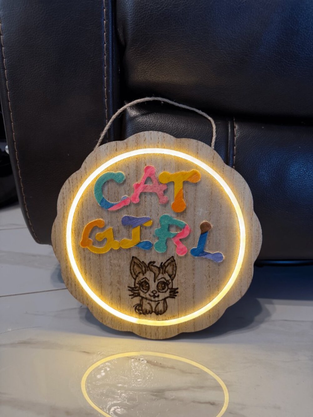 Wooden “CAT GIRL” Hanging Plaque | LED Edge
